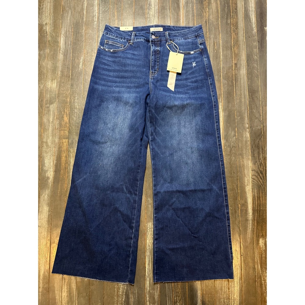 Oneso Mid Rise Wide Leg Denim Jeans Dark Wash Raw Hem